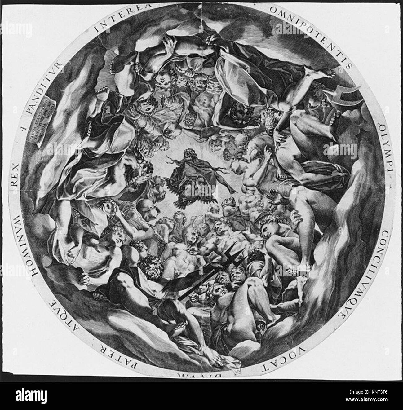 La gravure de Cornelis Cort de 1565, d'après Francesco Primaticcio, représente un rassemblement de dieux sur le mont Olympe, illustrant les techniques de gravure de la Renaissance. Banque D'Images