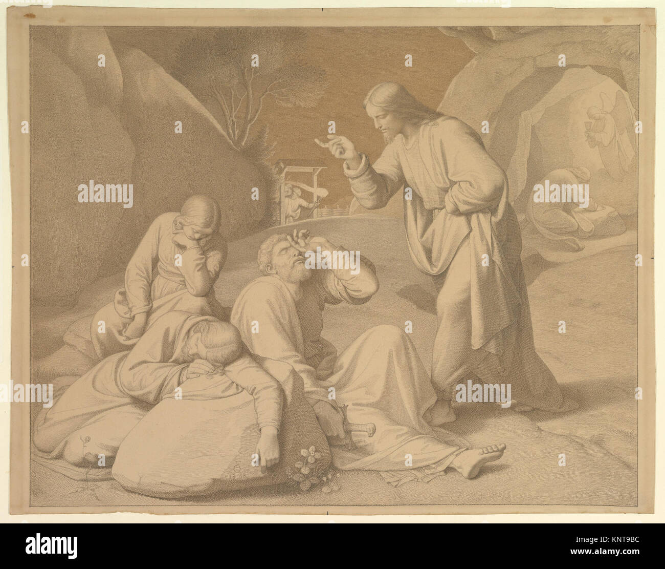 Une illustration représentant le Christ priant dans le jardin de Gethsémani, mettant en évidence le récit religieux et la composition des figures, conservé dans la collection de MET. Banque D'Images