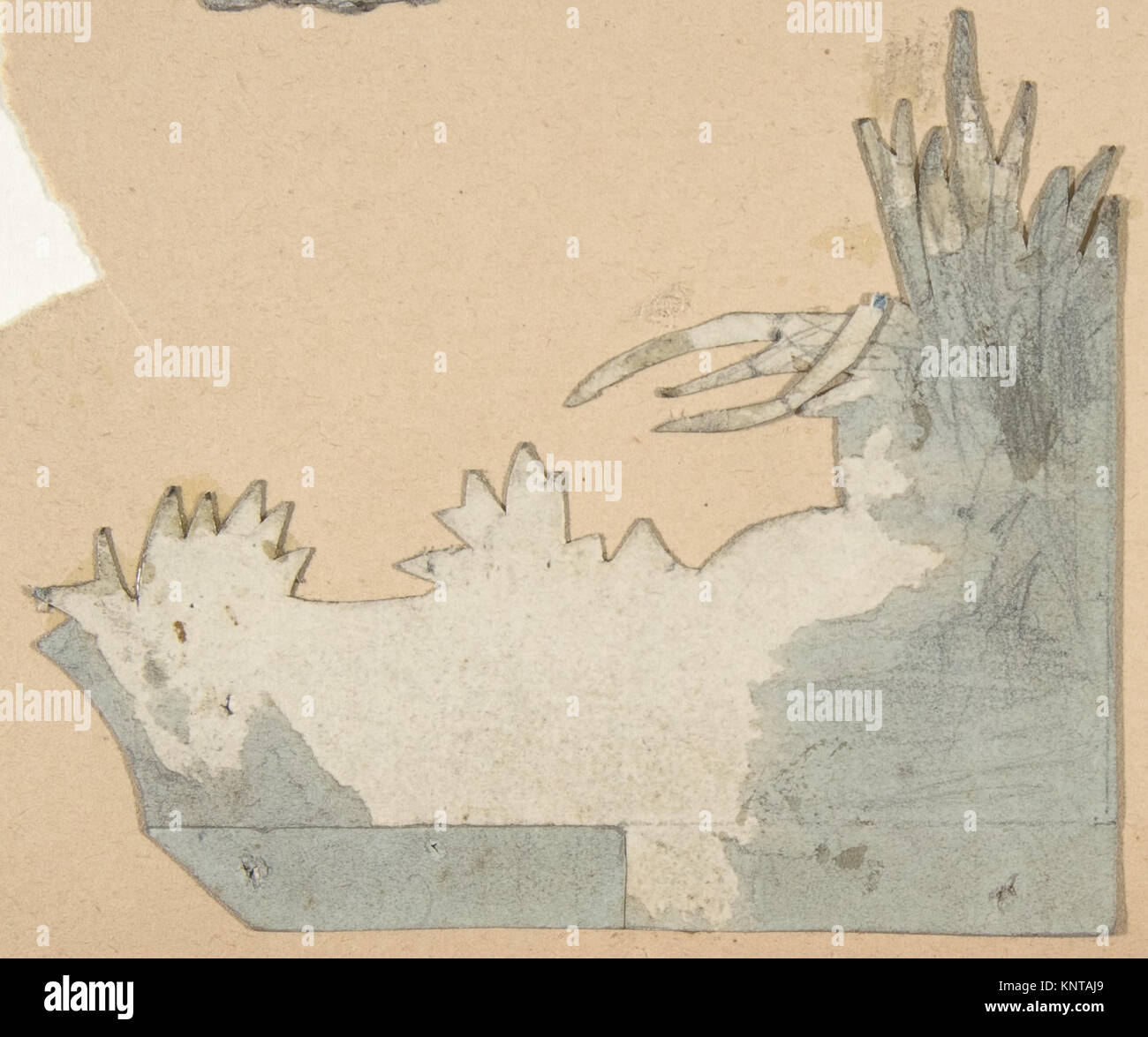 Ce design d’Eugène Cicéri, créé entre 1830 et 1890, met en scène l’Opéra de Paris. Le médium comprend du graphite, du pinceau et du lavis gris, rehaussé de blanc, sur une feuille irrégulière mesurant 14 1/8 x 19 3/4 pouces (35,9 x 50,2 cm). Banque D'Images