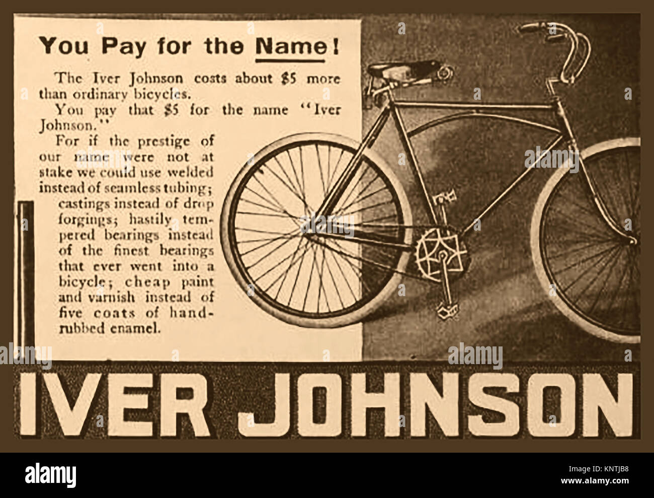 1914-nous annonce pour la qualité de l'Iver Johnson Cycles - l'entreprise a également fabriqué des armes à feu et les motos. L'une de leurs armes à feu a été utilisée pour assassiner le Président William McKinley. Banque D'Images