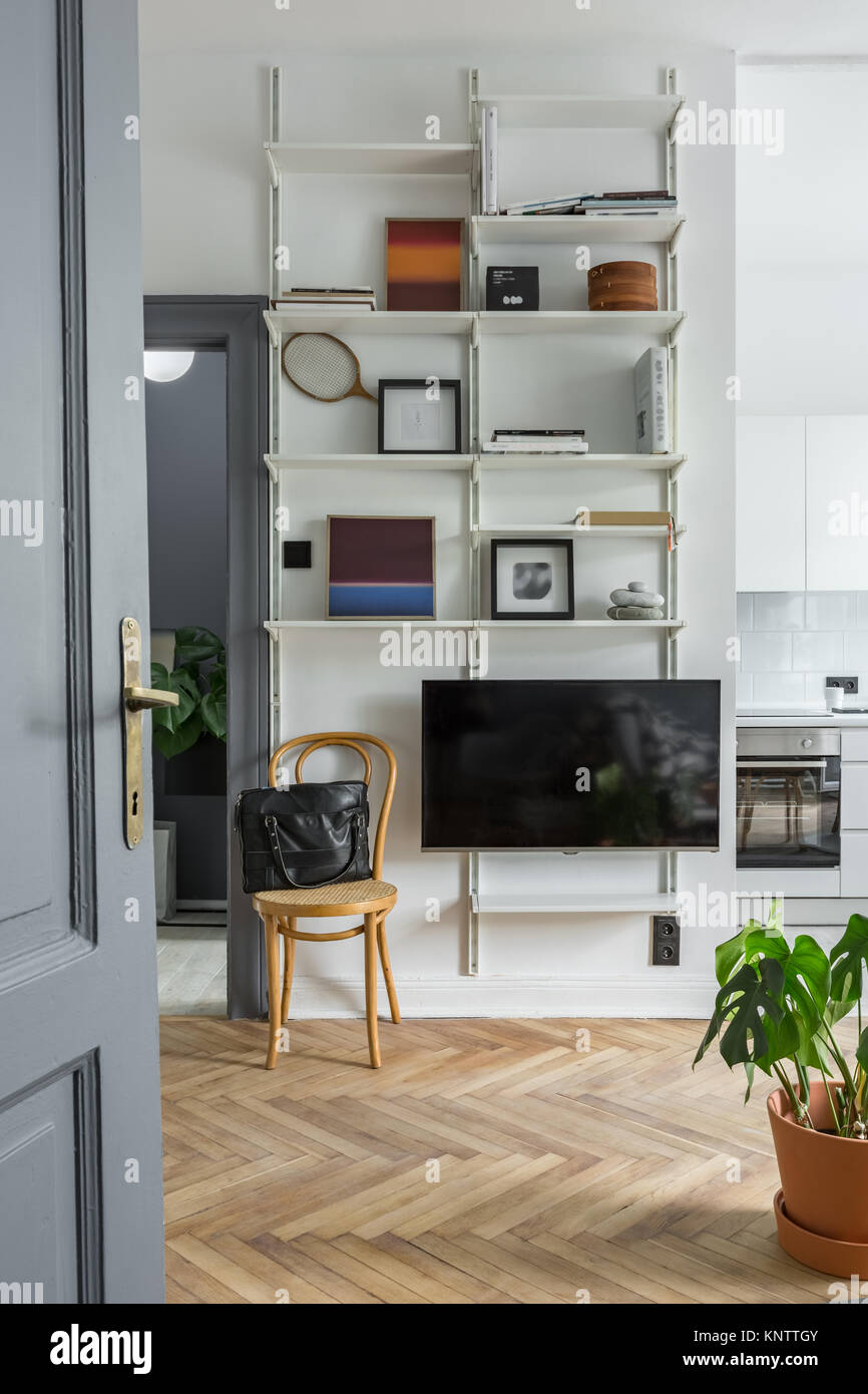 Président de canne à côté de l'écran du téléviseur, de peintures et de livres sur étagères blanches Banque D'Images