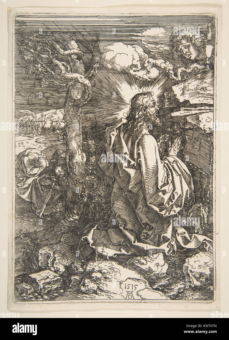 Illustration du Christ priant dans le jardin de Gethsémani, représentant des anges, des apôtres et les éléments naturels et symboliques de la scène. Banque D'Images