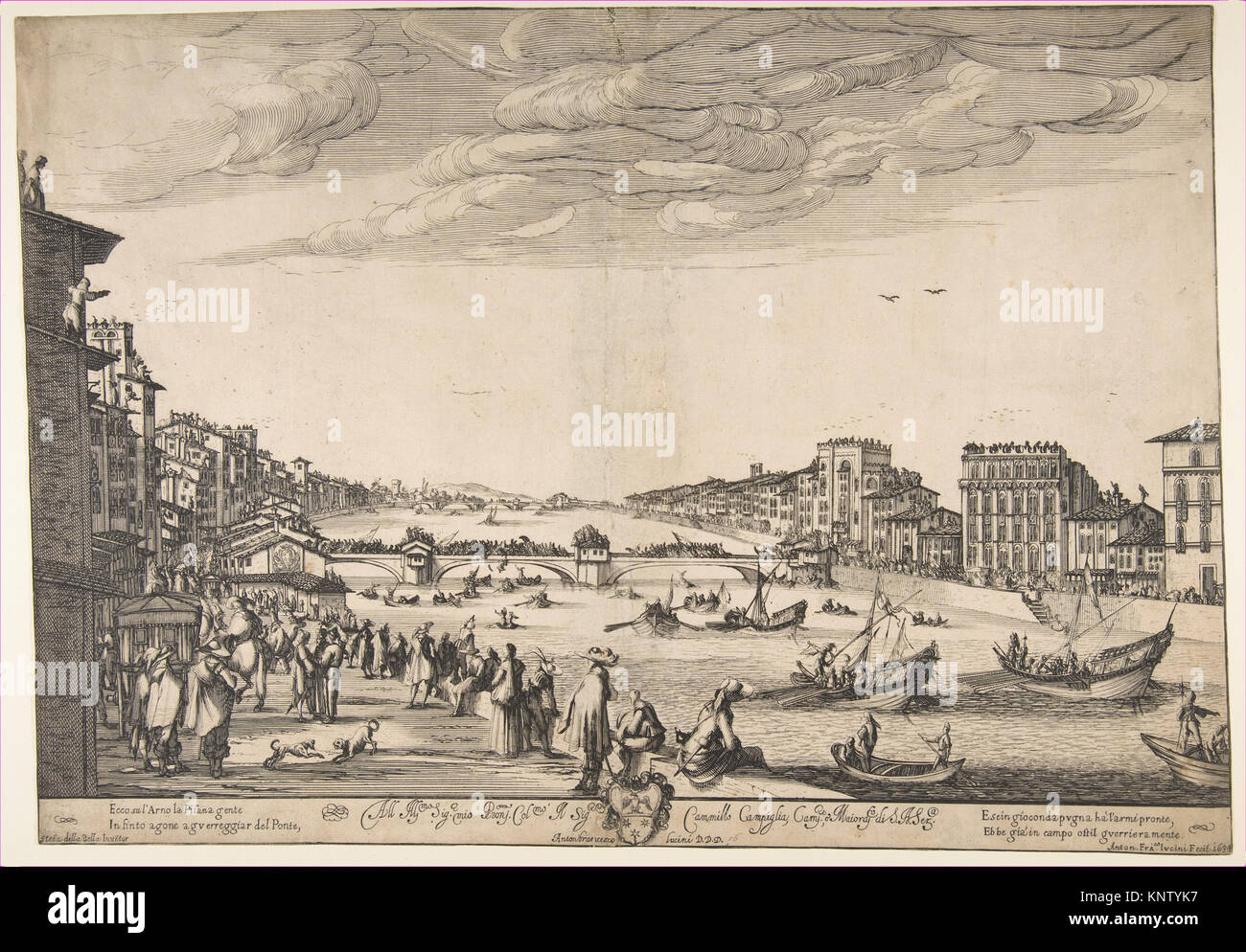 Cette gravure de Stefano della Bella et Antonio Francesco Luccini représente le jeu du Pont à Pise, 1634, montrant les joueurs, les cartes et l'arrangement spatial dans une composition détaillée. Banque D'Images