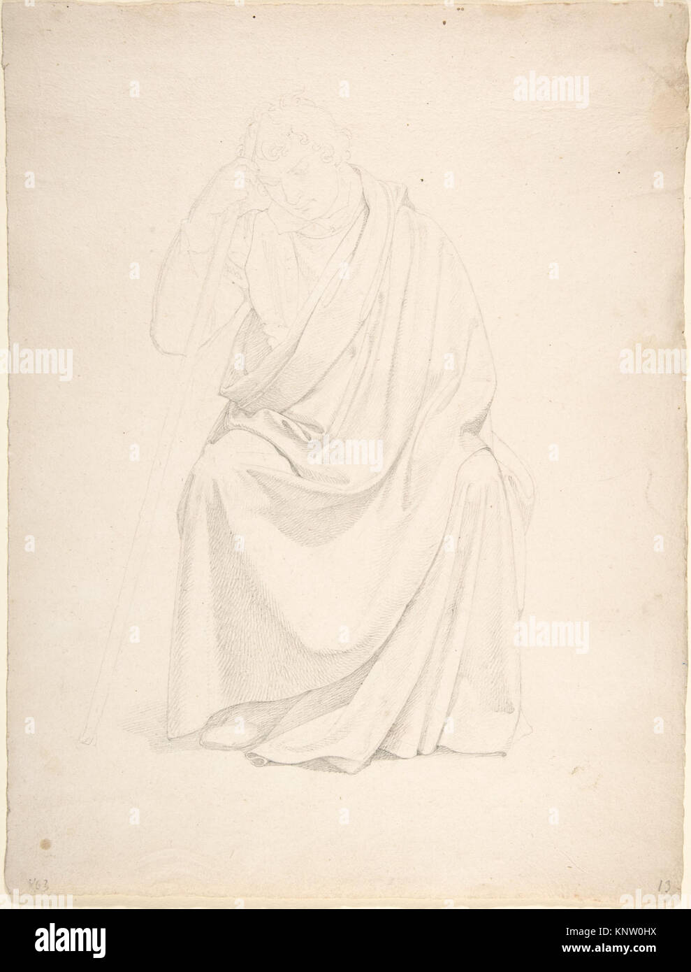 Étude graphite de draperie sur un homme assis par Johann Friedrich Overbeck, montrant les plis, la structure du vêtement et la posture de la figure. Banque D'Images