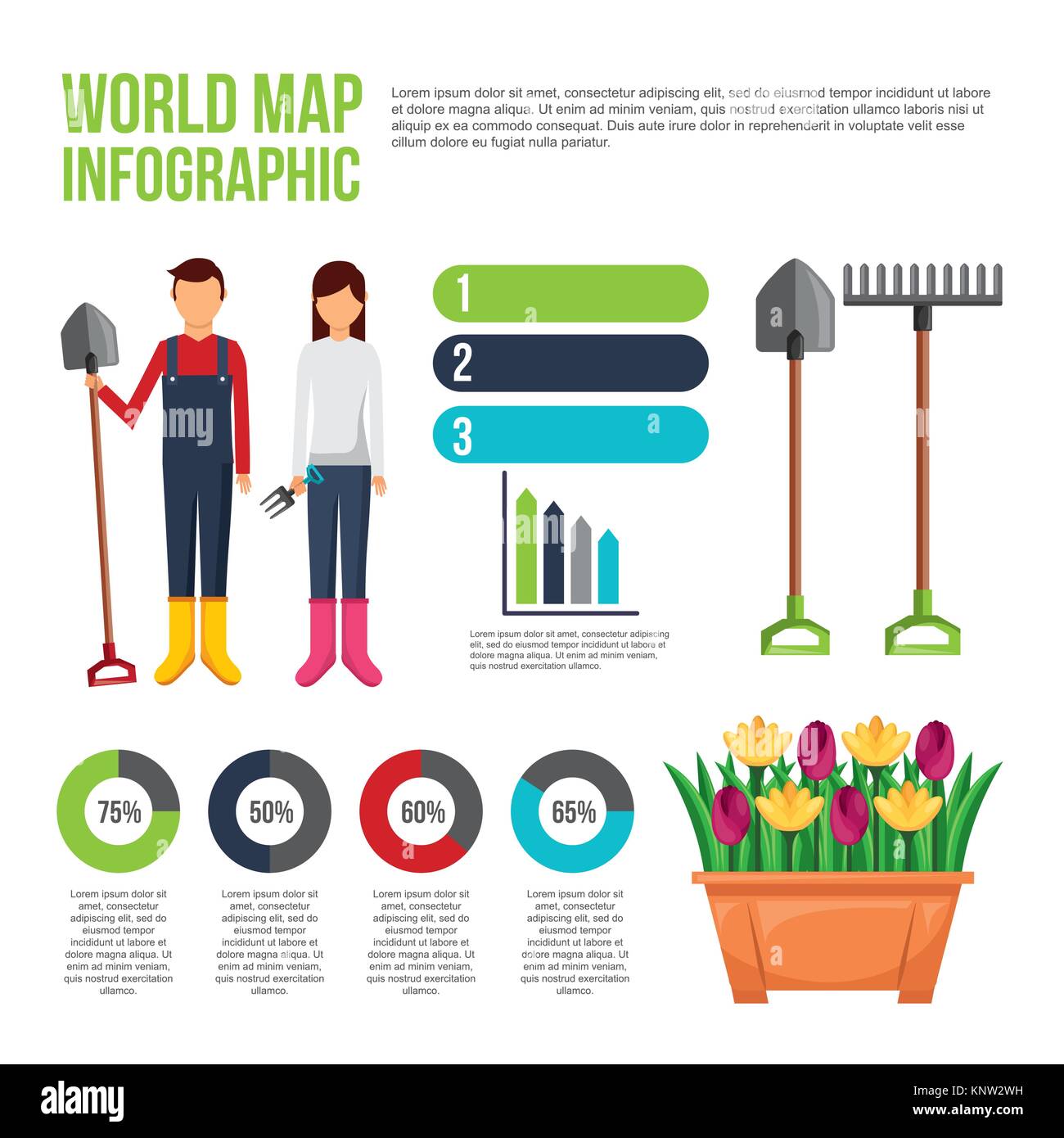 Carte du monde infografic personnes jardiniers outils fleurs Illustration de Vecteur
