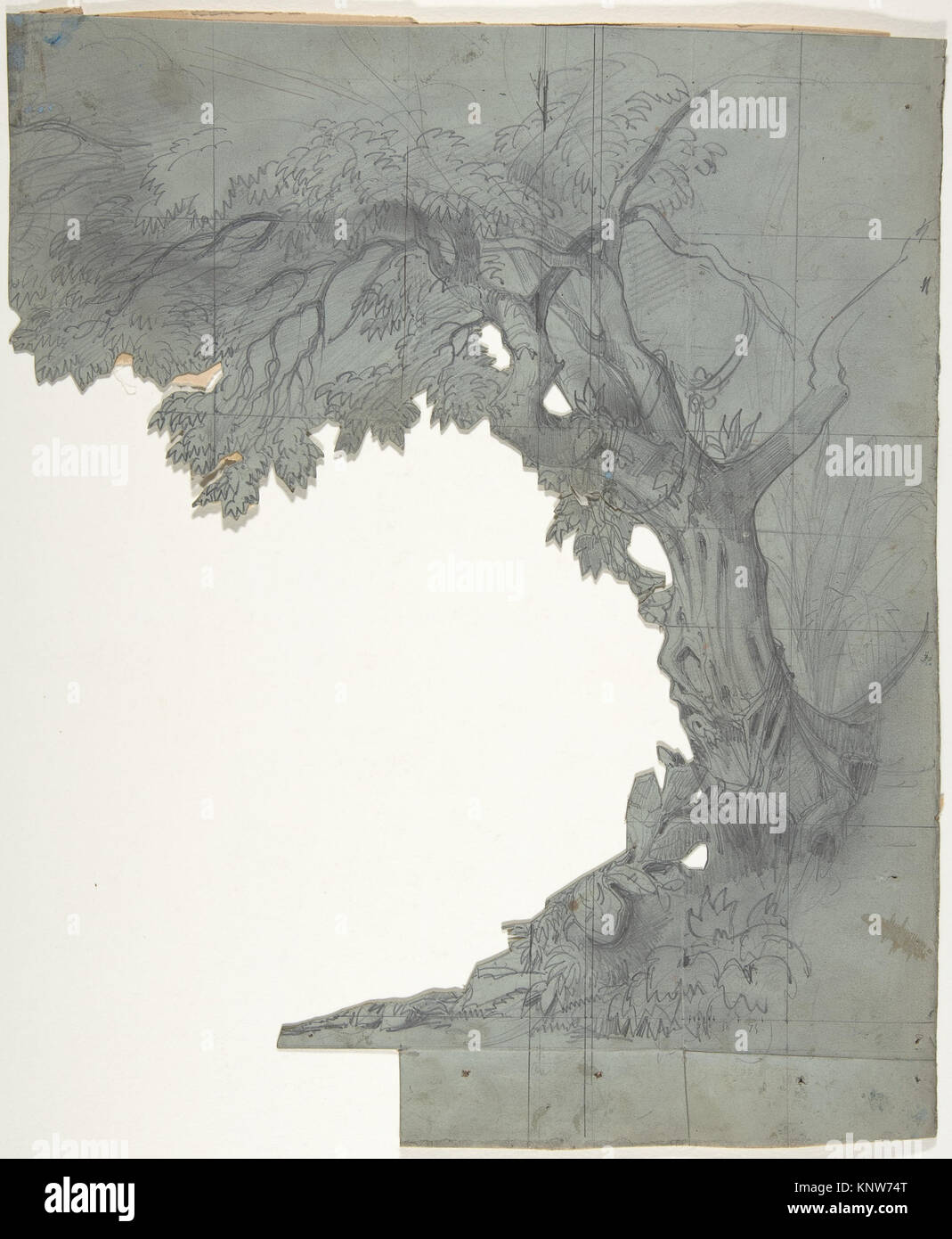 Conception d'une scène de l'Opéra de Paris par Eugène Cicéri, créée entre 1830 et 1890. Le dessin, mesurant environ 14 1/8 x 19 3/4 pouces, est exécuté en graphite, pinceau et gris lustré, rehaussé de blanc. Cette œuvre illustre la contribution de Cicéri à la conception théâtrale au XIXe siècle. Banque D'Images