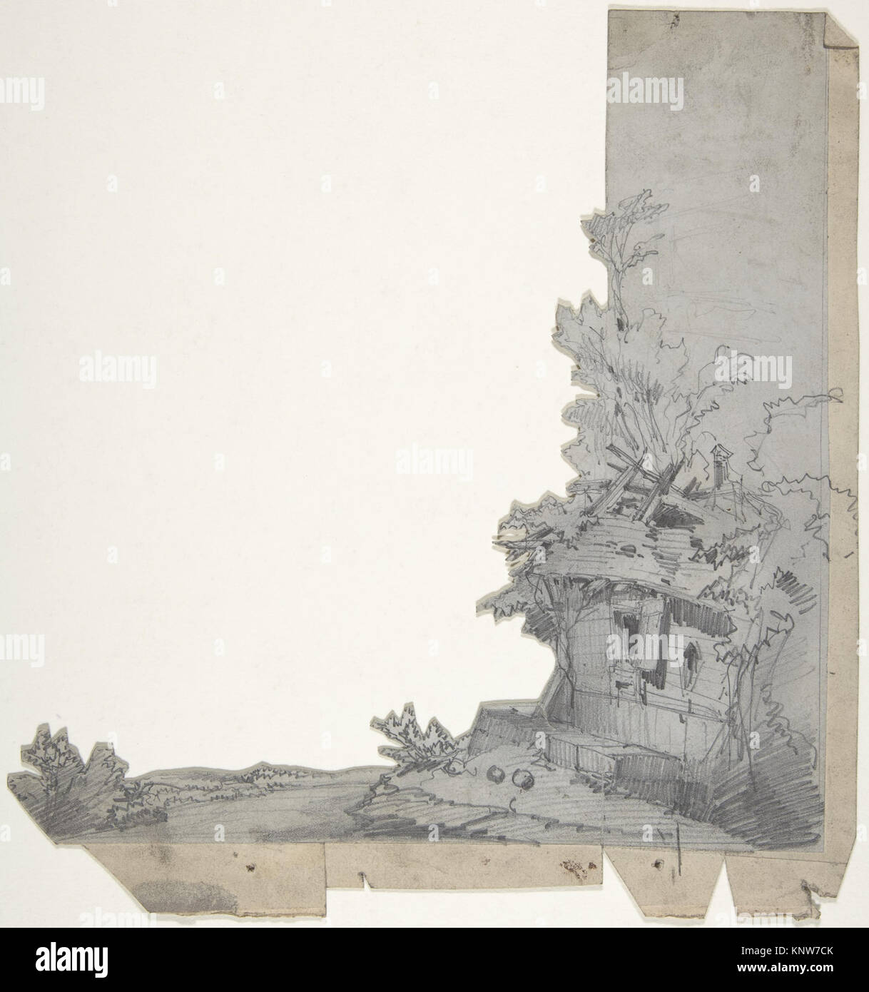 La conception d'Eugène Cicéri, datant du XIXe siècle, pour une scène de l'Opéra de Paris met en valeur son expertise en matière de design théâtral. Le dessin, créé entre 1830 et 1890, est rendu en graphite, pinceau et gris lustré, rehaussé de blanc, et mesure 14 1/8 x 19 3/4 pouces. Banque D'Images