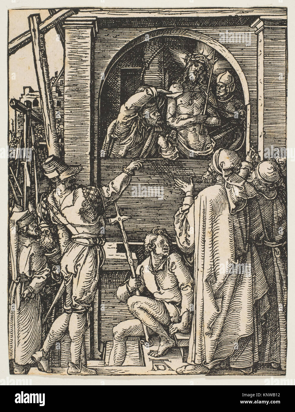 Représentation d'Ecco Homo, illustrant le Christ montré au peuple, avec un récit religieux et un arrangement de figures de composition de la série Small passion. Banque D'Images