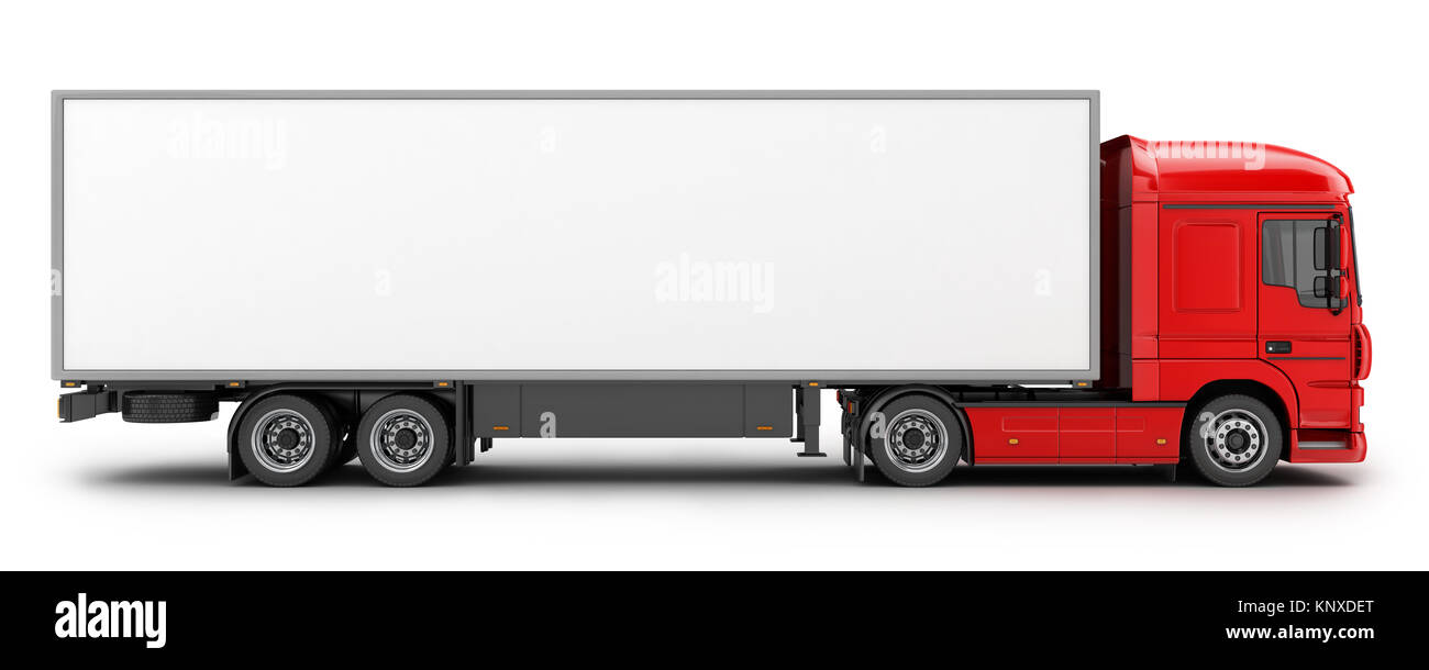 Gros camion et remorque rouge sur fond blanc. 3d illustration Banque D'Images