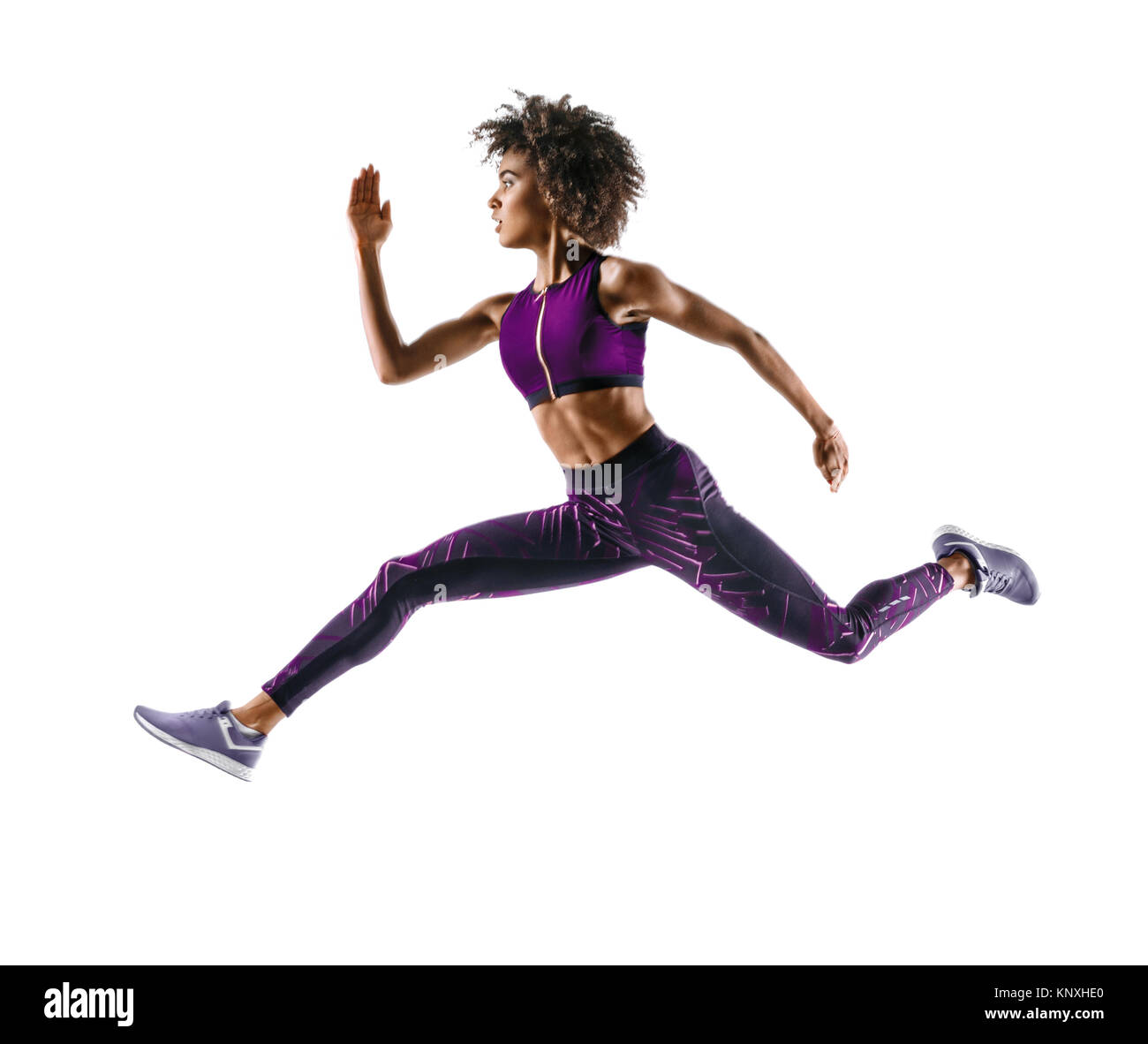 Woman runner en silhouette sur fond blanc. Le mouvement dynamique. Vue de côté Banque D'Images