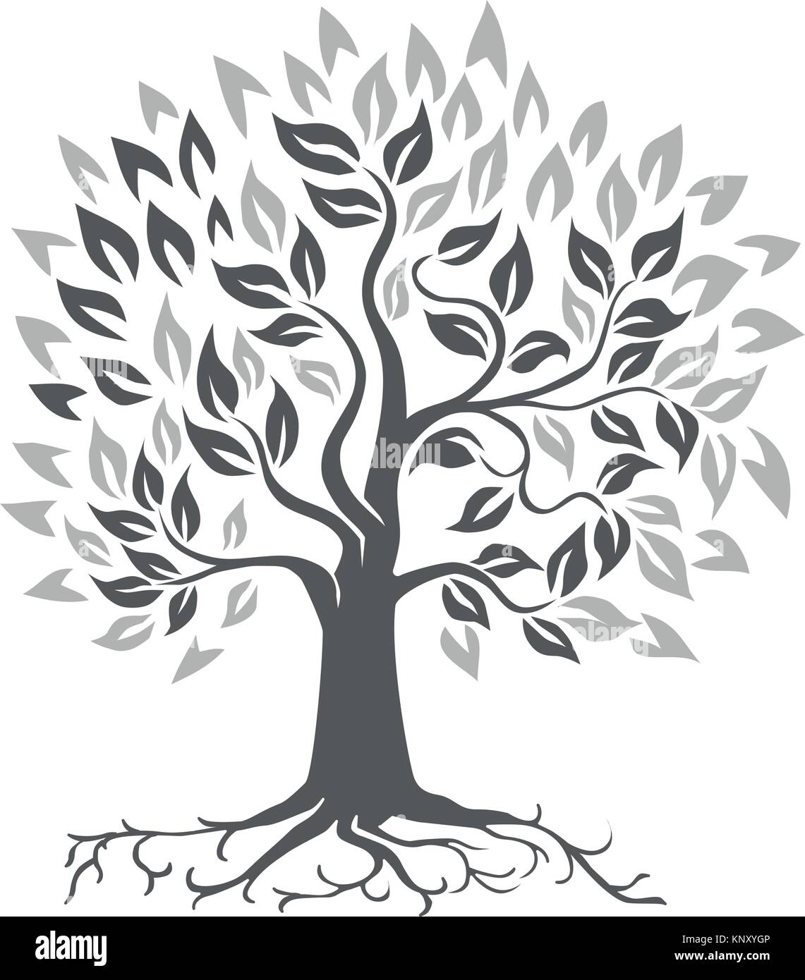 Retro style illustration d'un arbre de chêne stylisée avec des racines isolées sur l'arrière-plan. Illustration de Vecteur