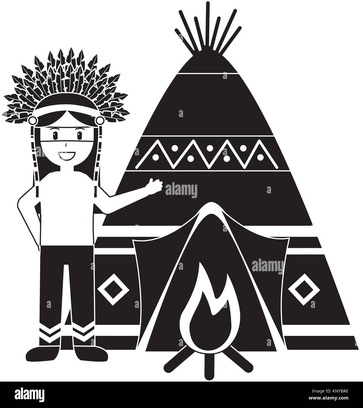 Native American Indian man avec tipi et feu Illustration de Vecteur