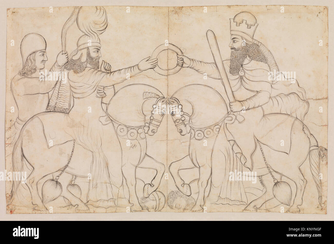 Dessin de secours rock sassanide Ardashir : I (r. 224-241 après J.-C.) et la divinité des Zoroastriens Ahura Mazda à Naqsh-i Rustam, le sud de l'Iran. Artiste : Lutf Banque D'Images