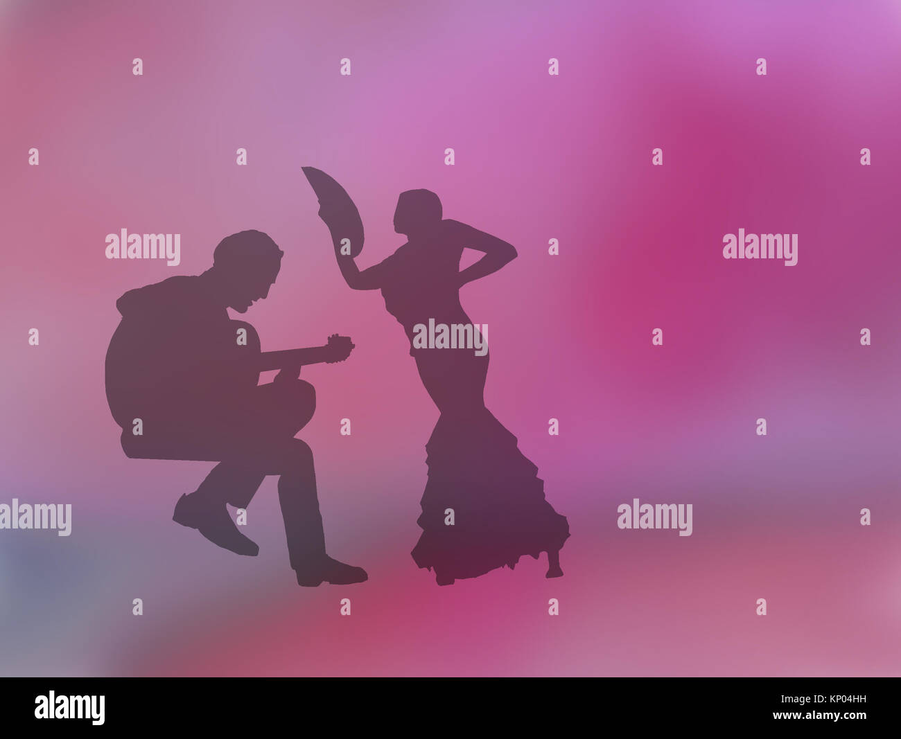 Silhouettes de femme danseuse de flamenco et guitariste sur rose rose résumé fond illustration. Banque D'Images