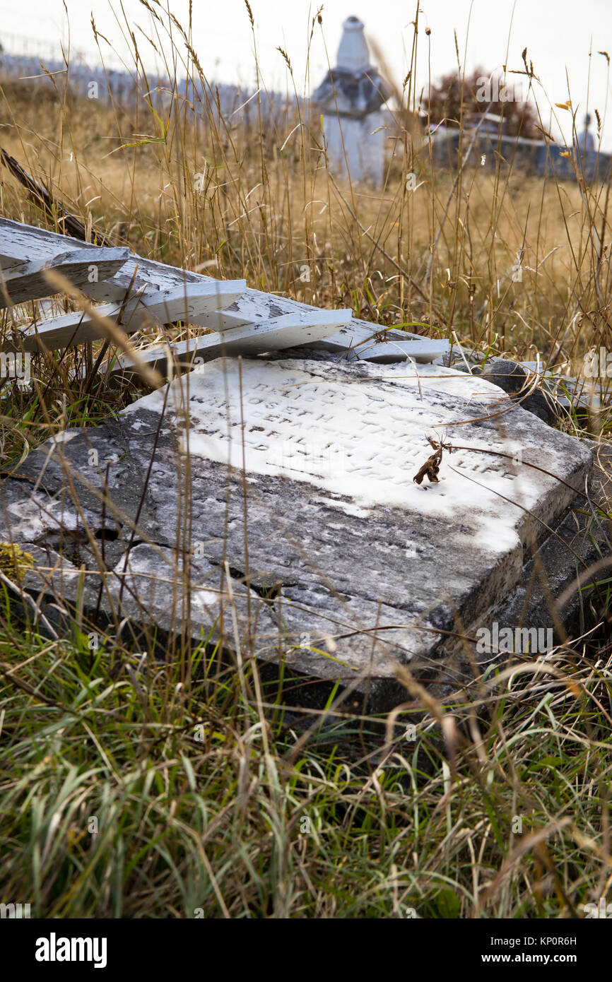 En pierre tombale tombée dans de grandes herbes cimetière abandonné. Banque D'Images