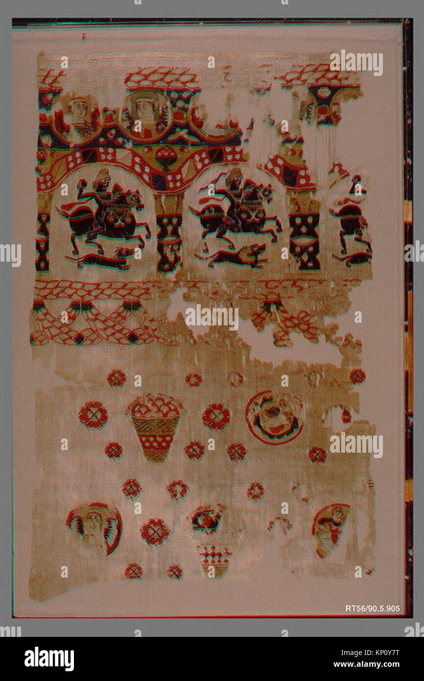 Ce fragment accroché copte, MET catalogue RT56, est représenté dans des livres et des illustrations, montrant des techniques textiles et des motifs décoratifs de la période copte. Banque D'Images