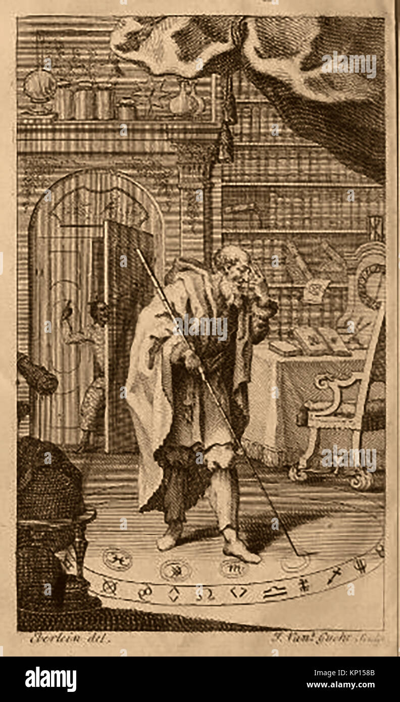 Illustration d'un système de "compleat magick ; ou "l'histoire de l'art noir' - par Daniel Defoe - publié 1779 - Un homme effectue un rituel protégé par un cercle magique Banque D'Images