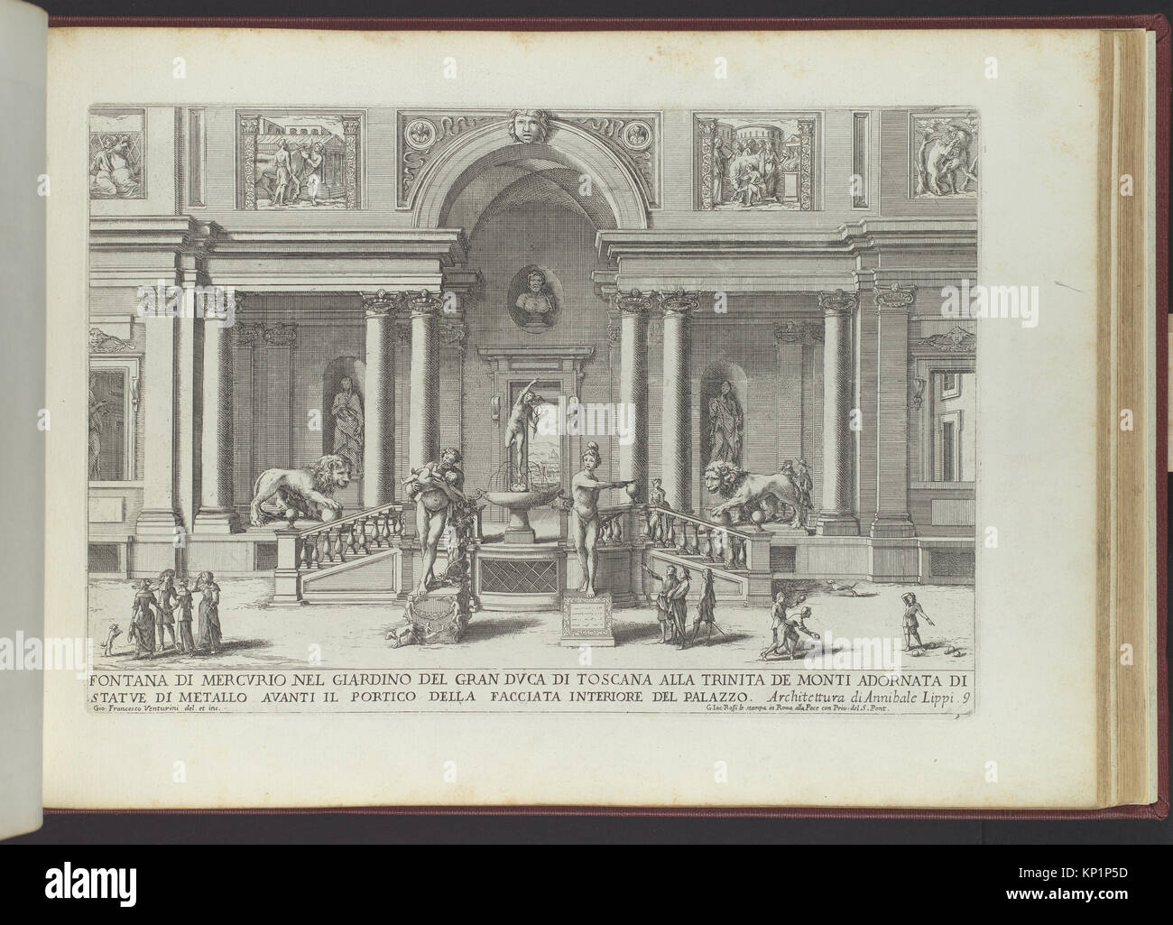 Représentation de la fontaine de Mercure dans le jardin du Grand-Duc de Toscane tirée de 'la Fontane di Roma nelle Piazze e Luoghi Publici', partie 3, planche 9, mettant l'accent sur l'art des fontaines et l'aménagement paysager formel. Banque D'Images
