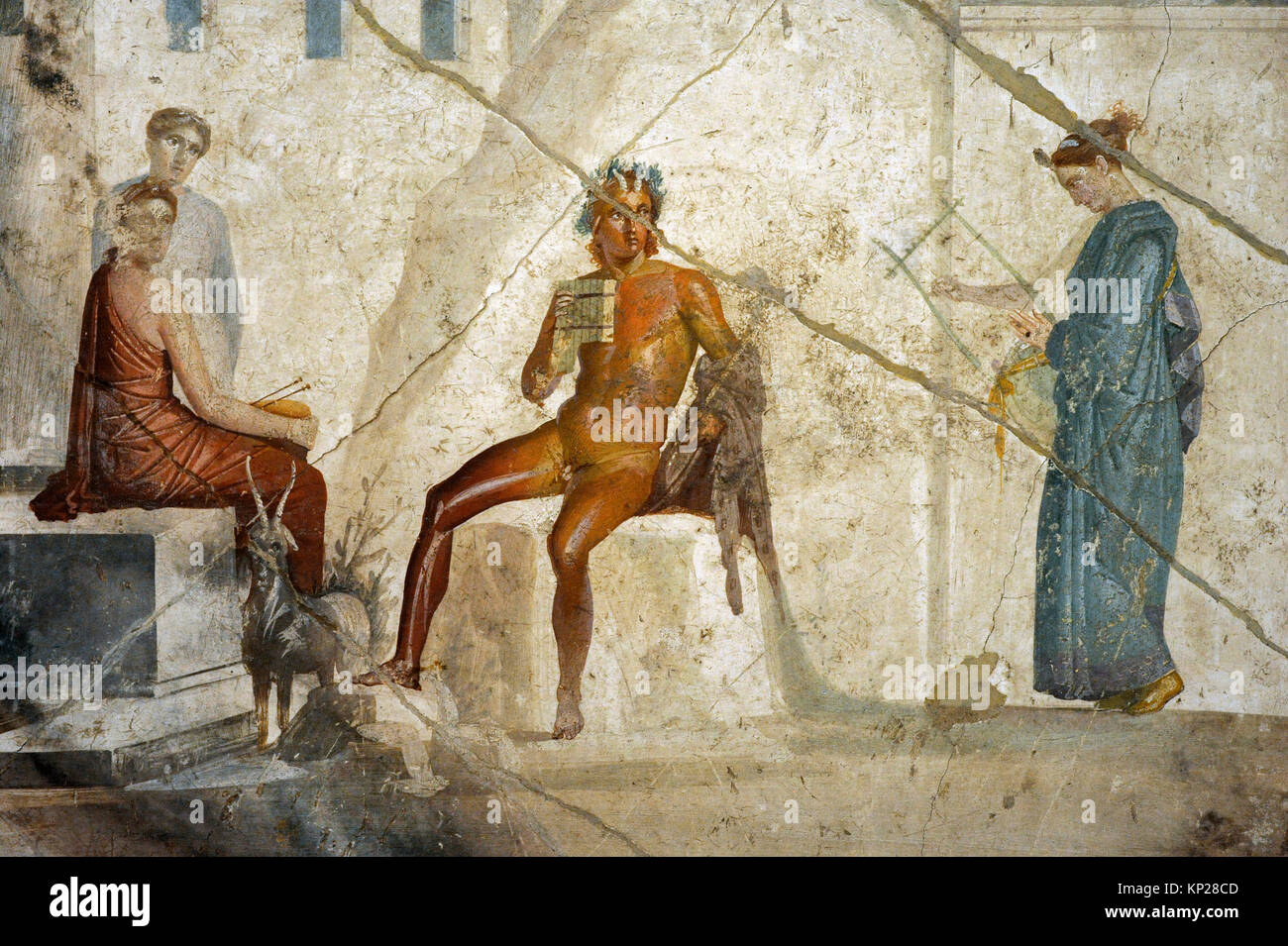 Roman fresque représentant Pan jouant la flûte double avec une nymphe