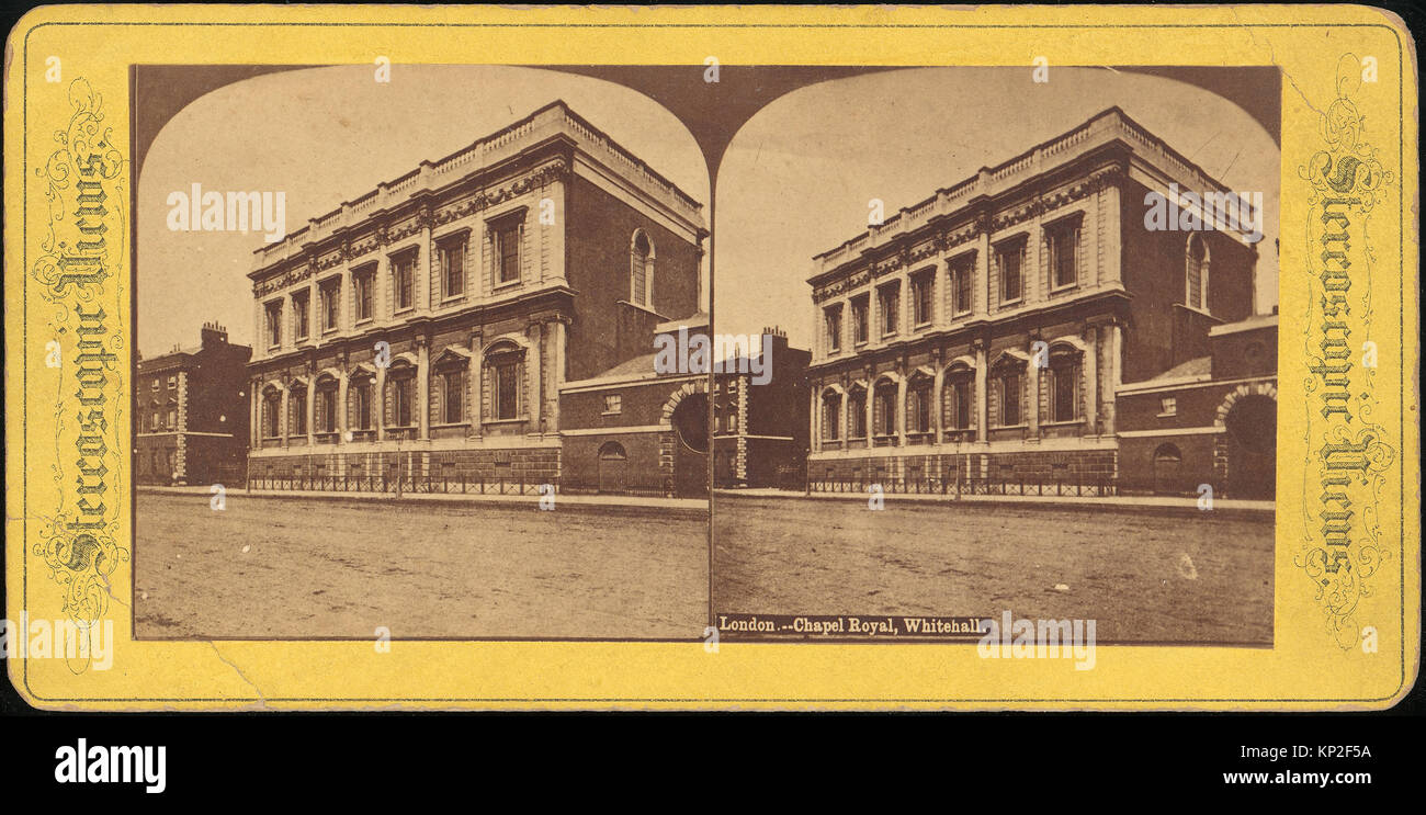 Cet ensemble stéréographe, datant des années 1850 aux années 1910, présente des gravures argentées représentant la Chapelle Royale de Londres. Les images capturent les détails architecturaux et les vues extérieures de ce bâtiment historique, offrant un aperçu de Londres du XIXe siècle à travers le médium stéréoscopique. Banque D'Images