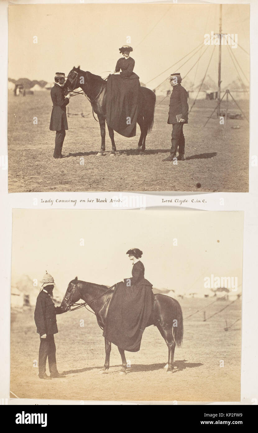 Illustration de Lady Canning chevauchant un cheval arabe noir aux côtés de Lord Clyde, commandant en chef, représentant une tenue militaire et équestre britannique du XIXe siècle. Fait partie de la collection du Metropolitan Museum of Art, catalogue DP146208. Banque D'Images