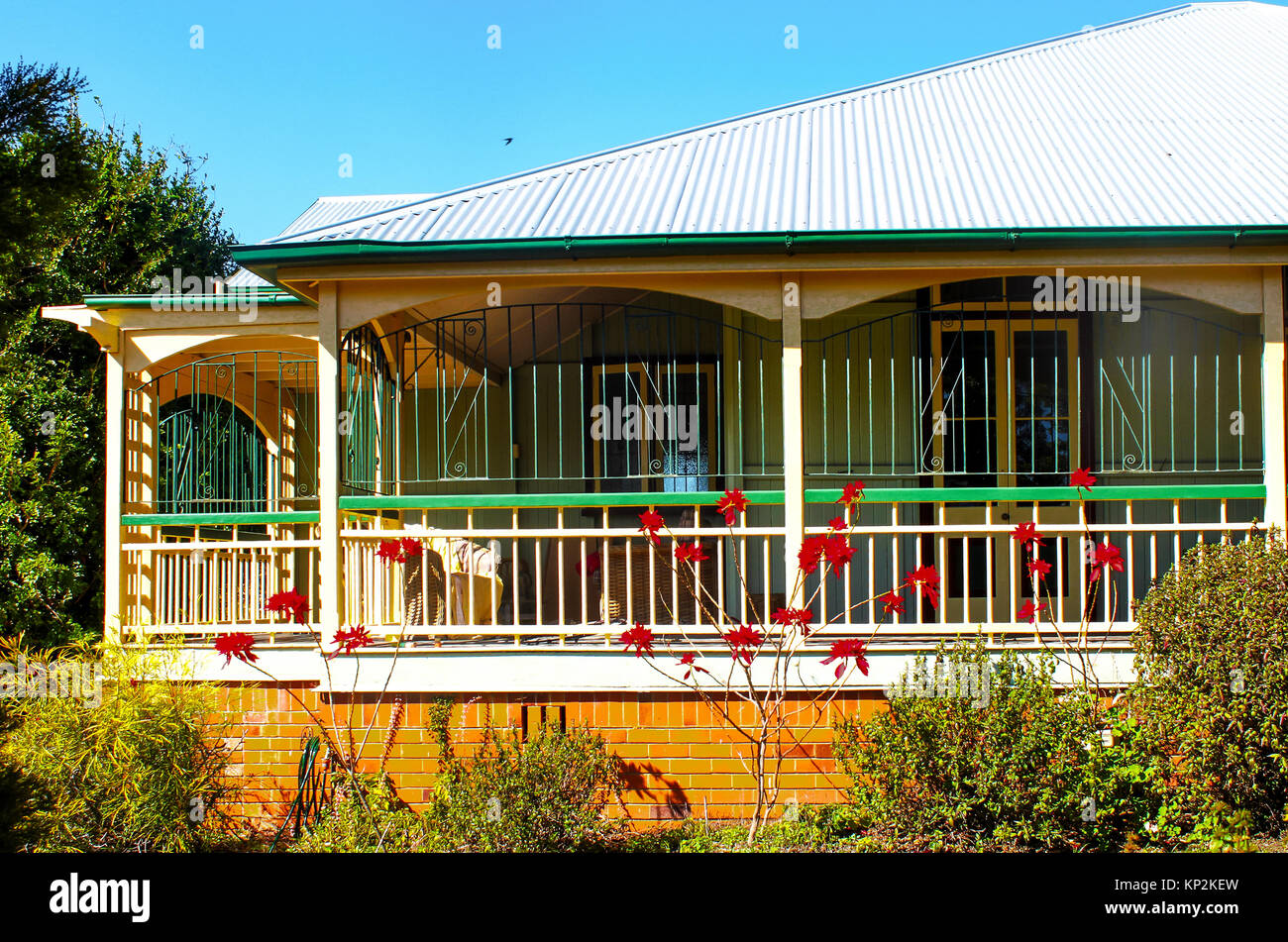 Maison du Queensland avec des barres de métal sur métal, porche enveloppant et toit poinsettas growning devant Banque D'Images