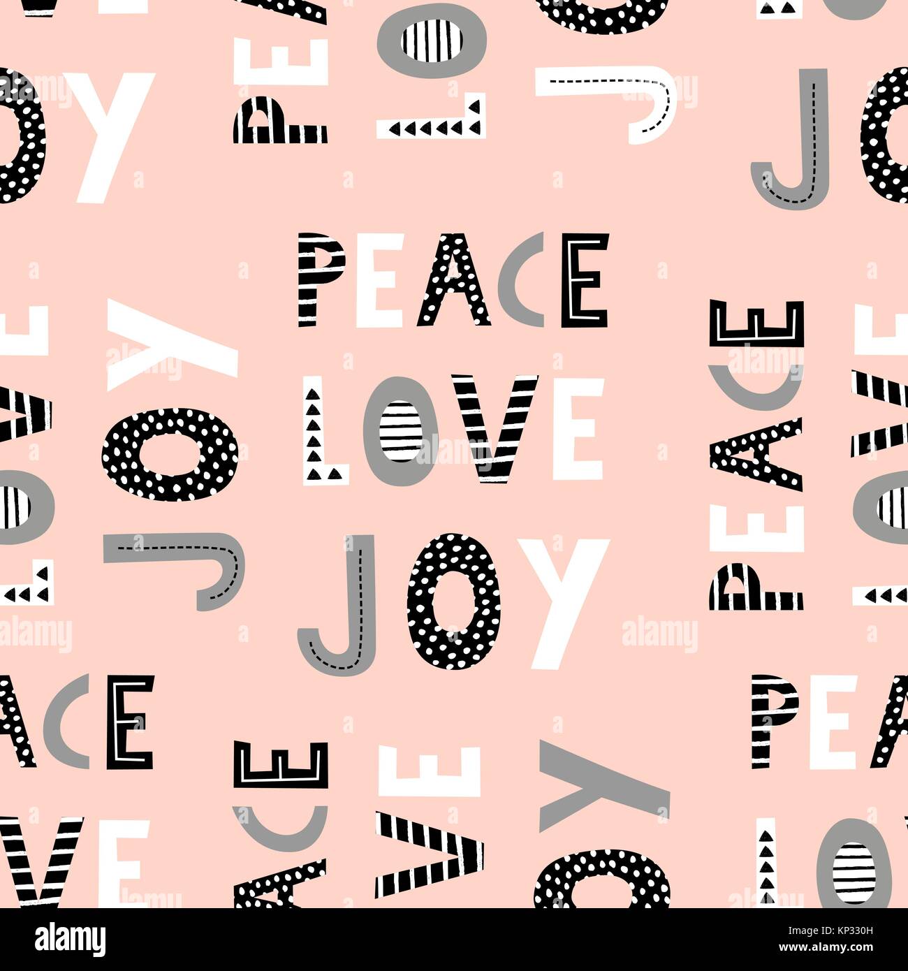 La paix, l'amour, la joie. Schéma de répétition transparente avec design Noël typographique en noir, gris et blanc sur fond rose pastel. Cute hand drawn Chr Illustration de Vecteur