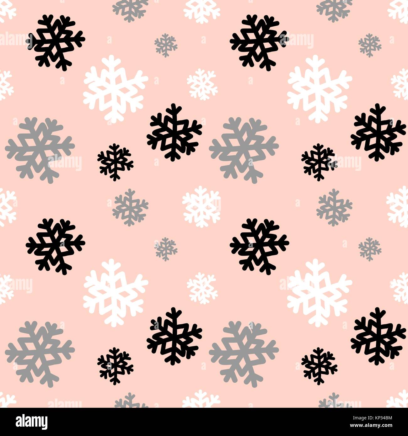 Motif répétitif sans couture avec blanc, gris et noir flocons sur fond rose pastel. Fond d'écran de Noël de style minimaliste, papier cadeau, de l'accueil Illustration de Vecteur