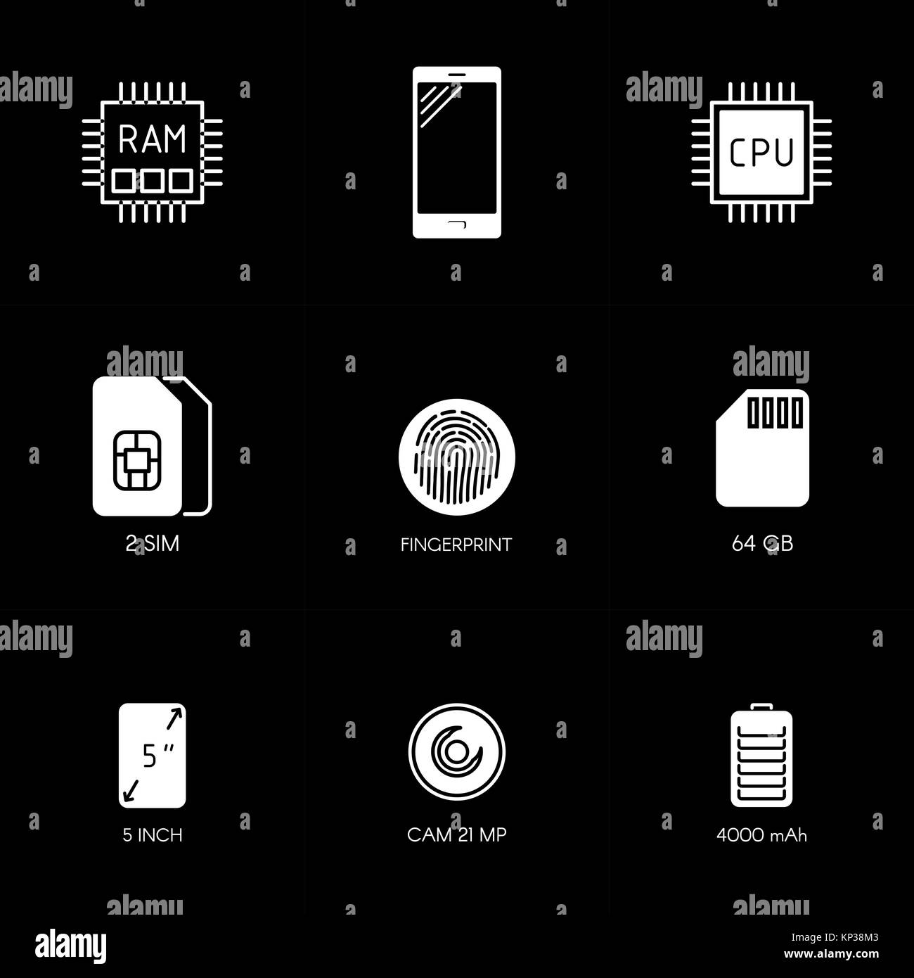 Spécifications du smartphone ligne plate d'icônes. Description du gadget. Vector Icon Set. Illustration de Vecteur
