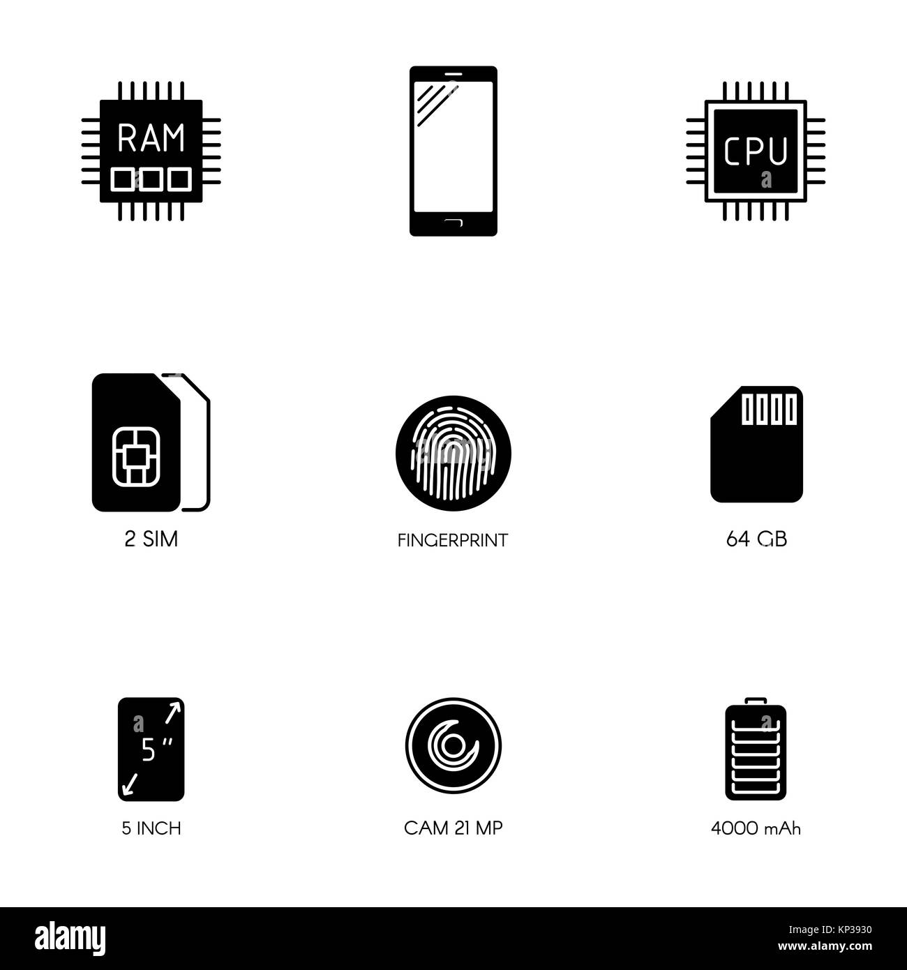 Spécifications du smartphone ligne plate d'icônes. Description du gadget. Vector Icon Set. Illustration de Vecteur