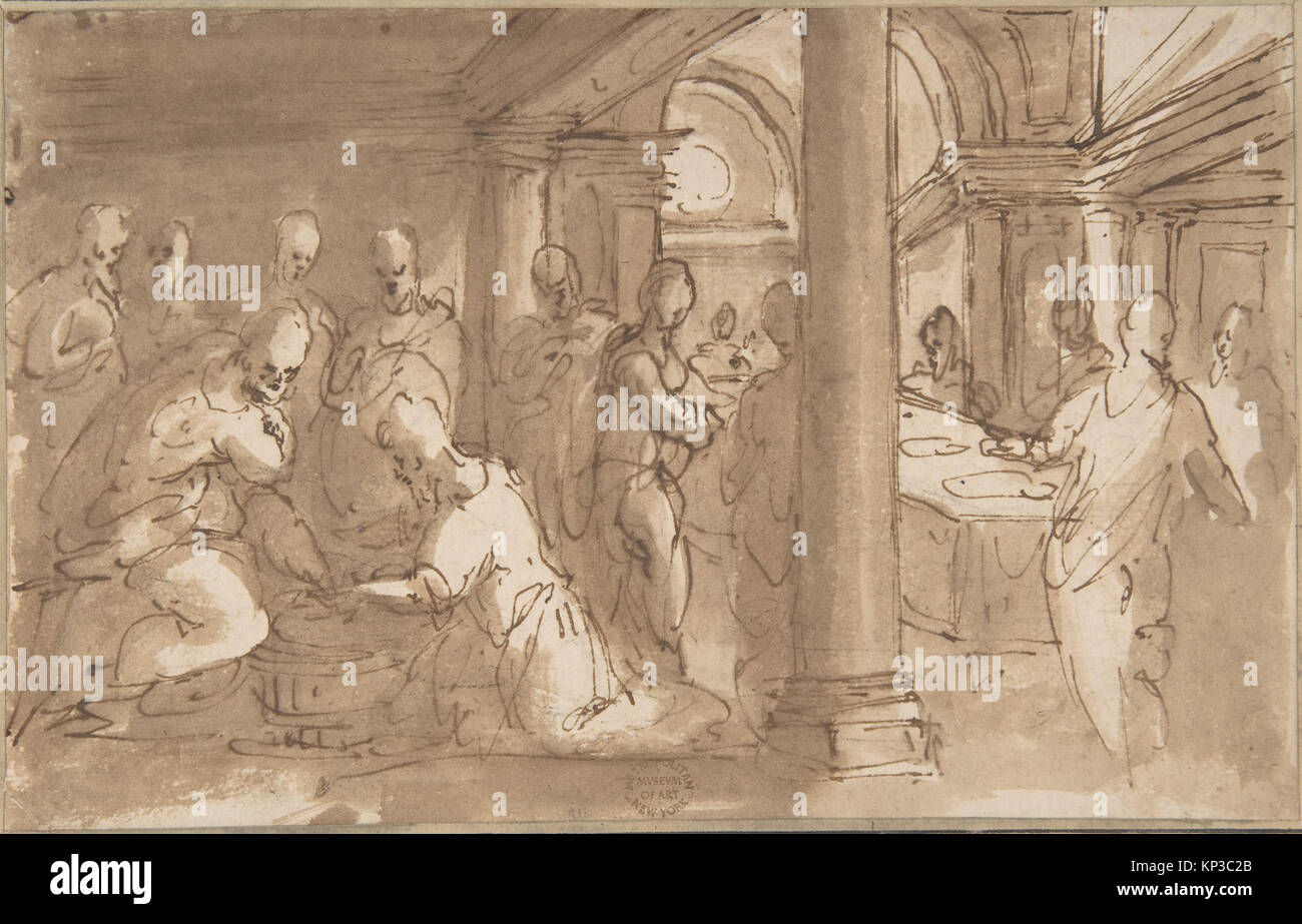 Cette œuvre représente Jésus-Christ lavant les pieds de ses disciples, illustrant une scène biblique d’humilité et de service centrale aux enseignements chrétiens. Banque D'Images