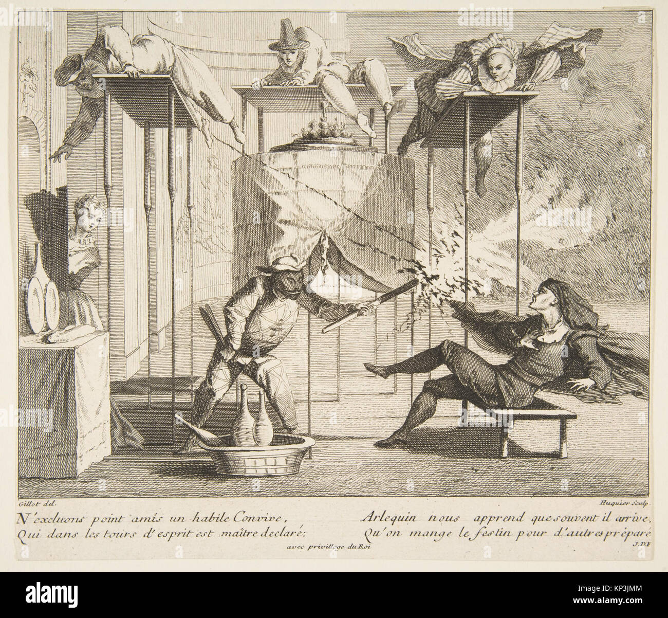 Cette illustration représente Arlequin menaçant Scaramouche avec une torche, partie d'un livre historique de la collection MET, reflétant les traditions théâtrales et comiques européennes. Banque D'Images