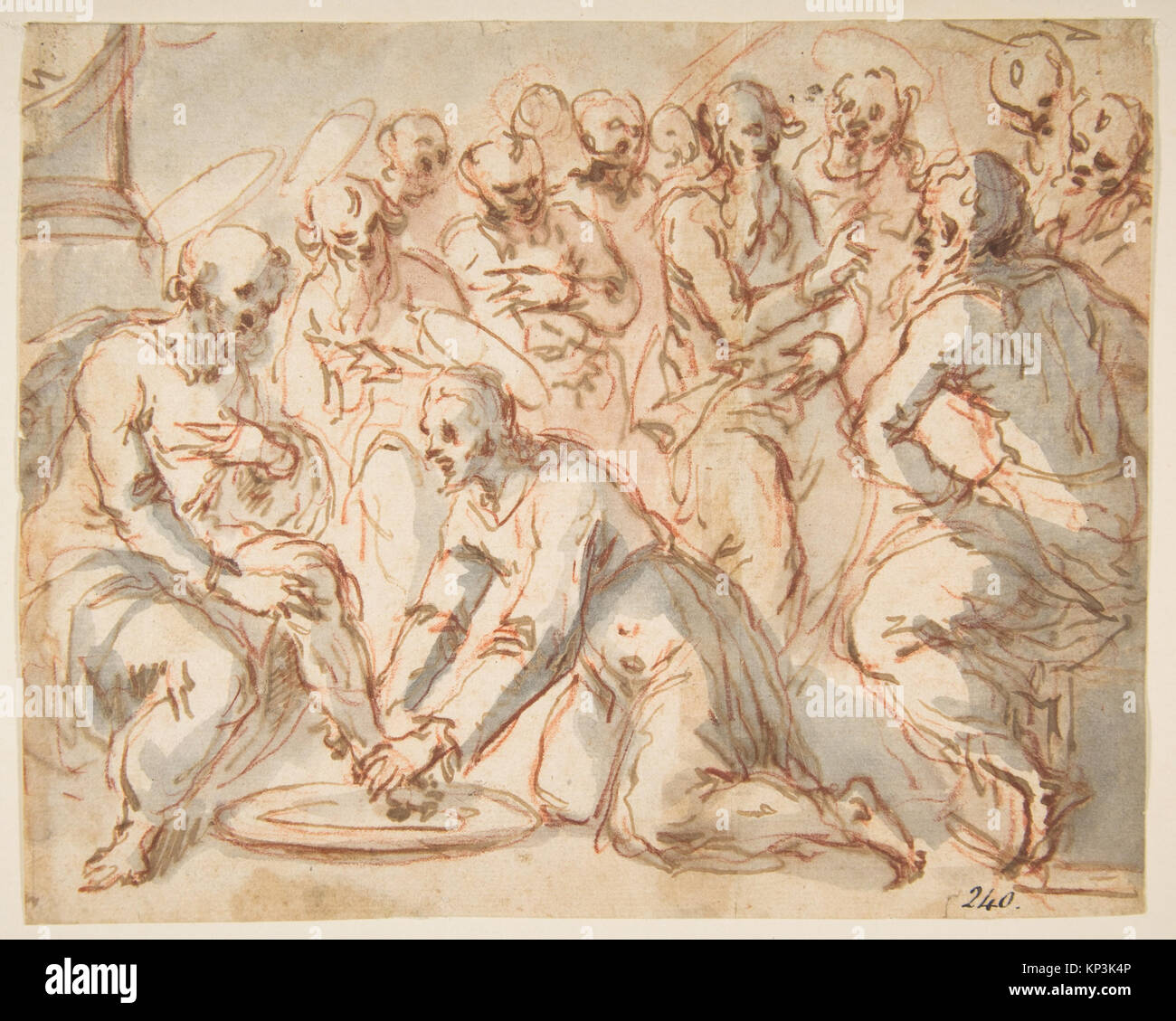 Illustration représentant le Christ lavant les pieds des disciples, montrant des figures, des gestes et des éléments narratifs dans un contexte religieux. Banque D'Images