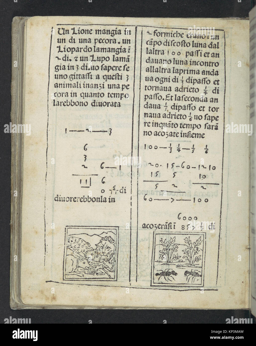 Page de Arithmetica présentant des diagrammes arithmétiques, des tableaux numériques et des annotations pédagogiques. Banque D'Images