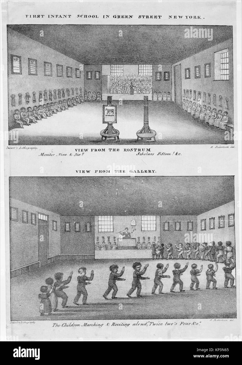 Représentation de la première école infantile de Green Street, New York, 1828, montrant des enfants et des enseignants dans une salle de classe, illustrant les premières méthodes éducatives américaines. Banque D'Images