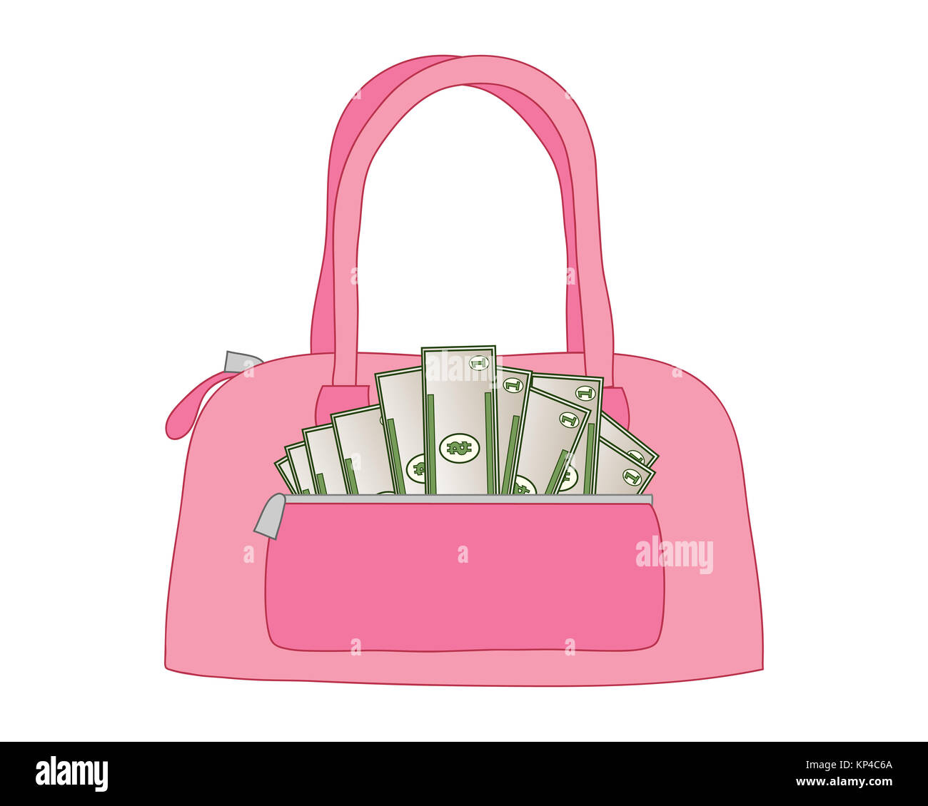 Une illustration d'un sac à main en cuir rose plein de billets d'un dollar dans une poche avant sur un fond blanc Banque D'Images