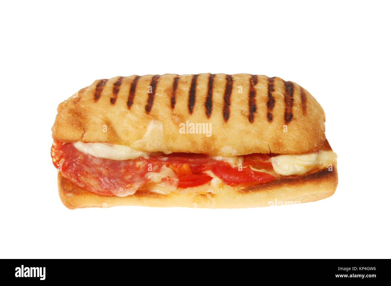 Pepperoni, tomate et mozzarella panini isolés contre white Banque D'Images