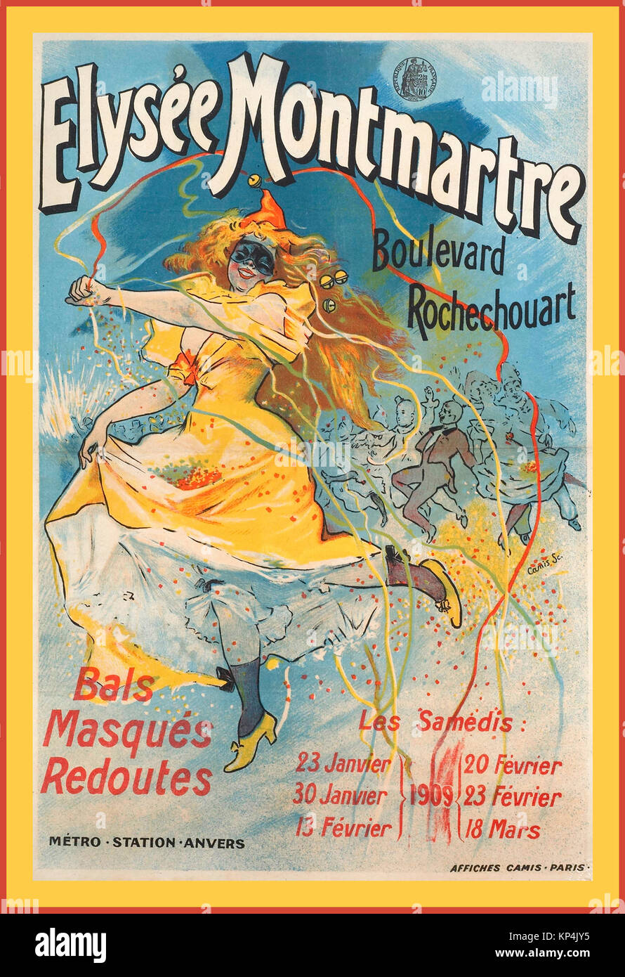 Elysee Montmartre 1900's Vintage Dance Entertainment Nightclub Poster Paris salle de danse parisienne Elysee Montmartre 1904 tenant un bal masqué Belle époque Paris France Banque D'Images