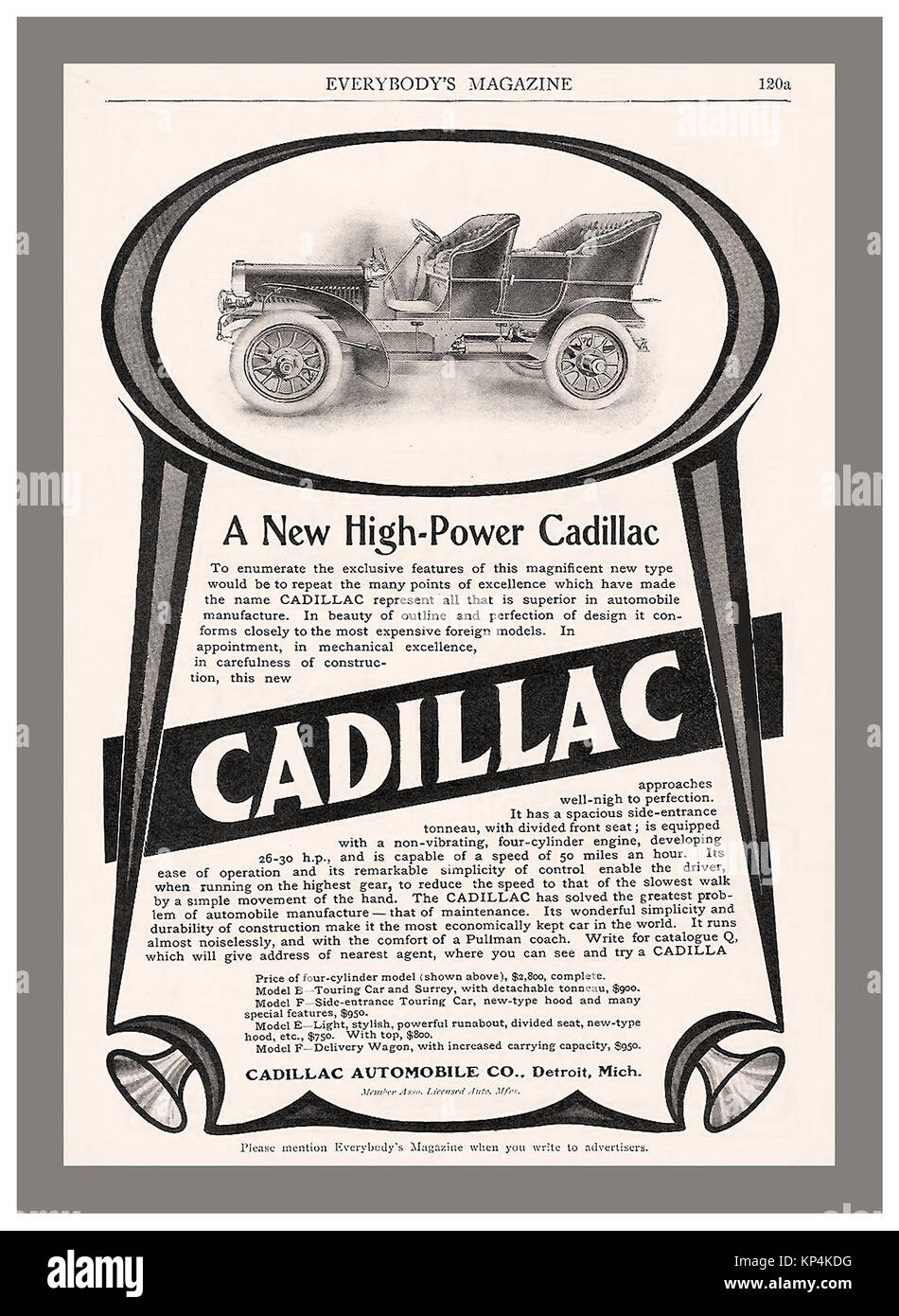 Années 1900 Vintage magazine de voiture historique publicité pour un nouveau 1905 Cadillac haute puissance Banque D'Images