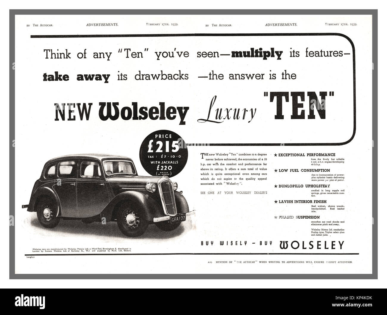 1939 Vintage britannique Wolseley dix berline 4 portes à lancer la voiture était au prix de £ 215, avec l'option d'un système intégré de Jackall qui pourrait soulever une roue hydraulique du sol pour le changement d'un pneu à 5 € de plus. Banque D'Images