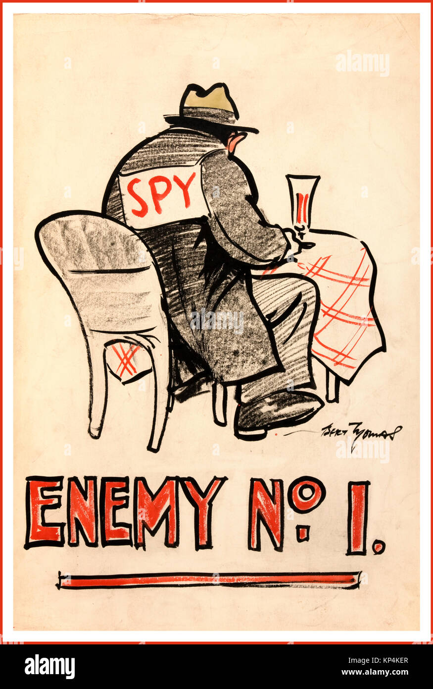 1940 WW2 Guerre mondiale affiche de propagande britannique UK 11 pour "ennemi n°1" - une oeuvre à partir de la Seconde Guerre mondiale, le gouvernement britannique 2 dessin d'un homme assis dans un restaurant bar chaise avec le mot espion sur son dos, la lutte contre l'espionnage espion careless talk campagne. Banque D'Images