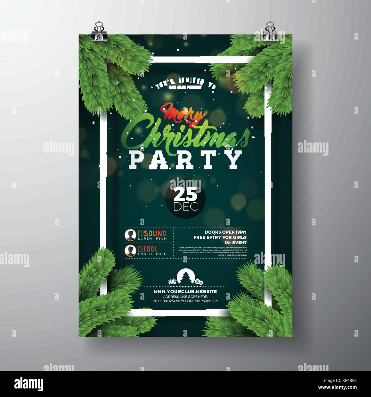 Fête de Noël vecteur Flyer Design avec éléments de typographie et de pommes sur fond vert sombre. Célébration Premium Poster Illustration pour votre invitation à l'événement. Illustration de Vecteur