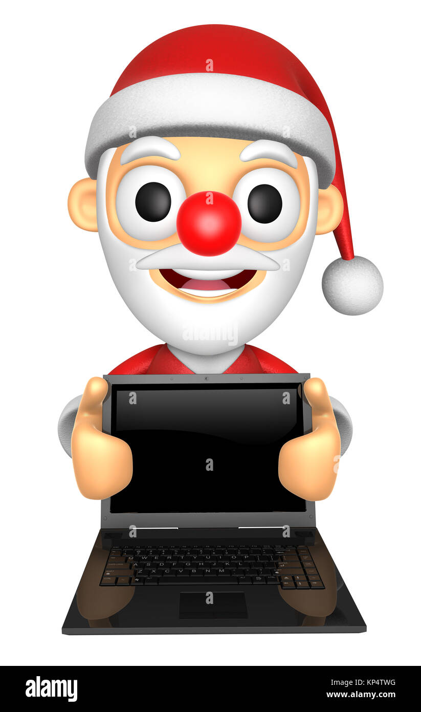 3D Santa Mascot tenant une grande carte avec les ordinateurs portables. Noël 3D Character Design Series. Banque D'Images