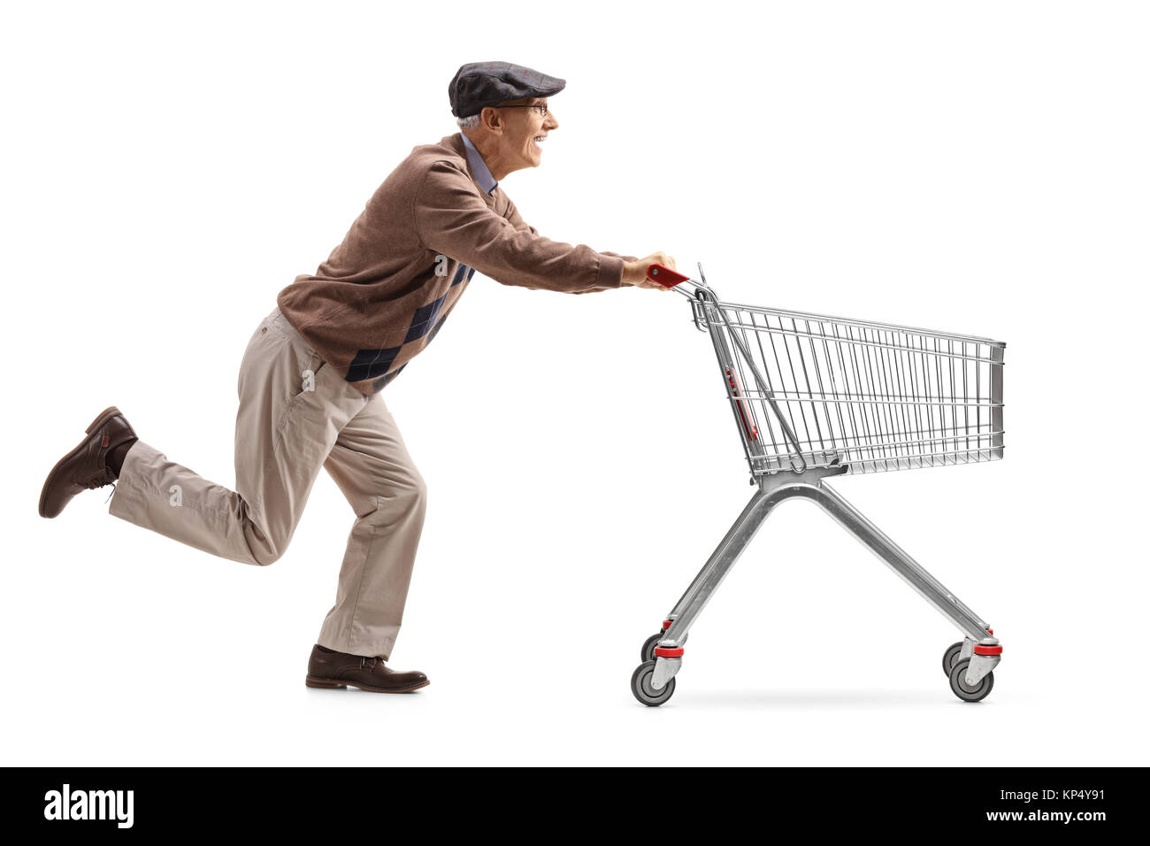 Les hauts d'exécution et poussant un panier vide isolé sur fond blanc Banque D'Images