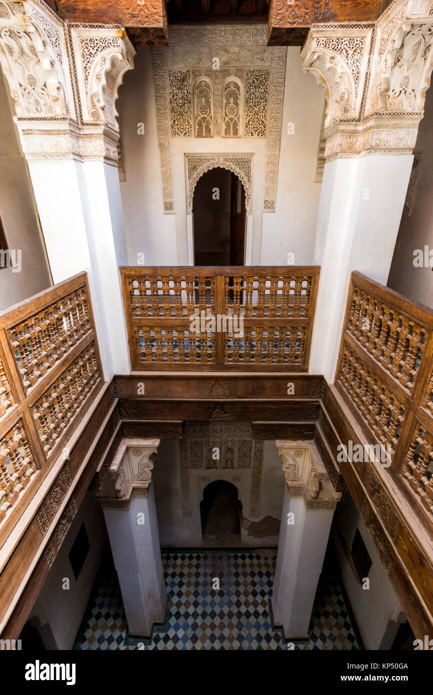 MARRAKECH, MAROC - 29 Apr 2016 : vue intérieure de la Medersa Ben Youssef. Un ancien collège islamique à Marrakech, Maroc. Banque D'Images