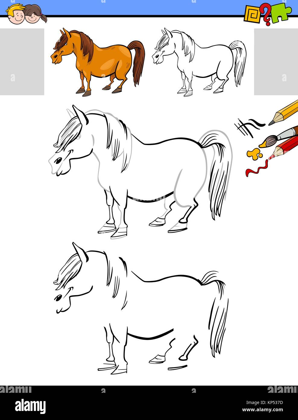 Cartoon Illustration de l'activité éducative de dessin et de coloriage pour les enfants avec un cheval ou poney de caractère des animaux de ferme Illustration de Vecteur