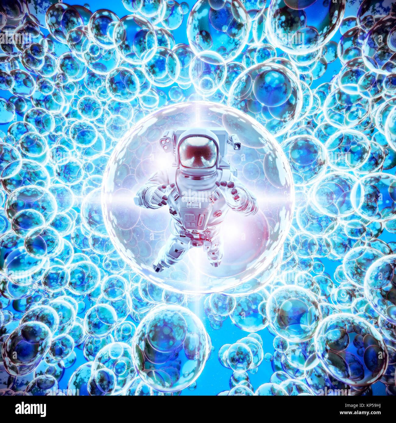 L'astronaute de galaxies infinie / 3D illustration de l'astronaute lumineux flottant entre les sphères galactiques lumineux Banque D'Images