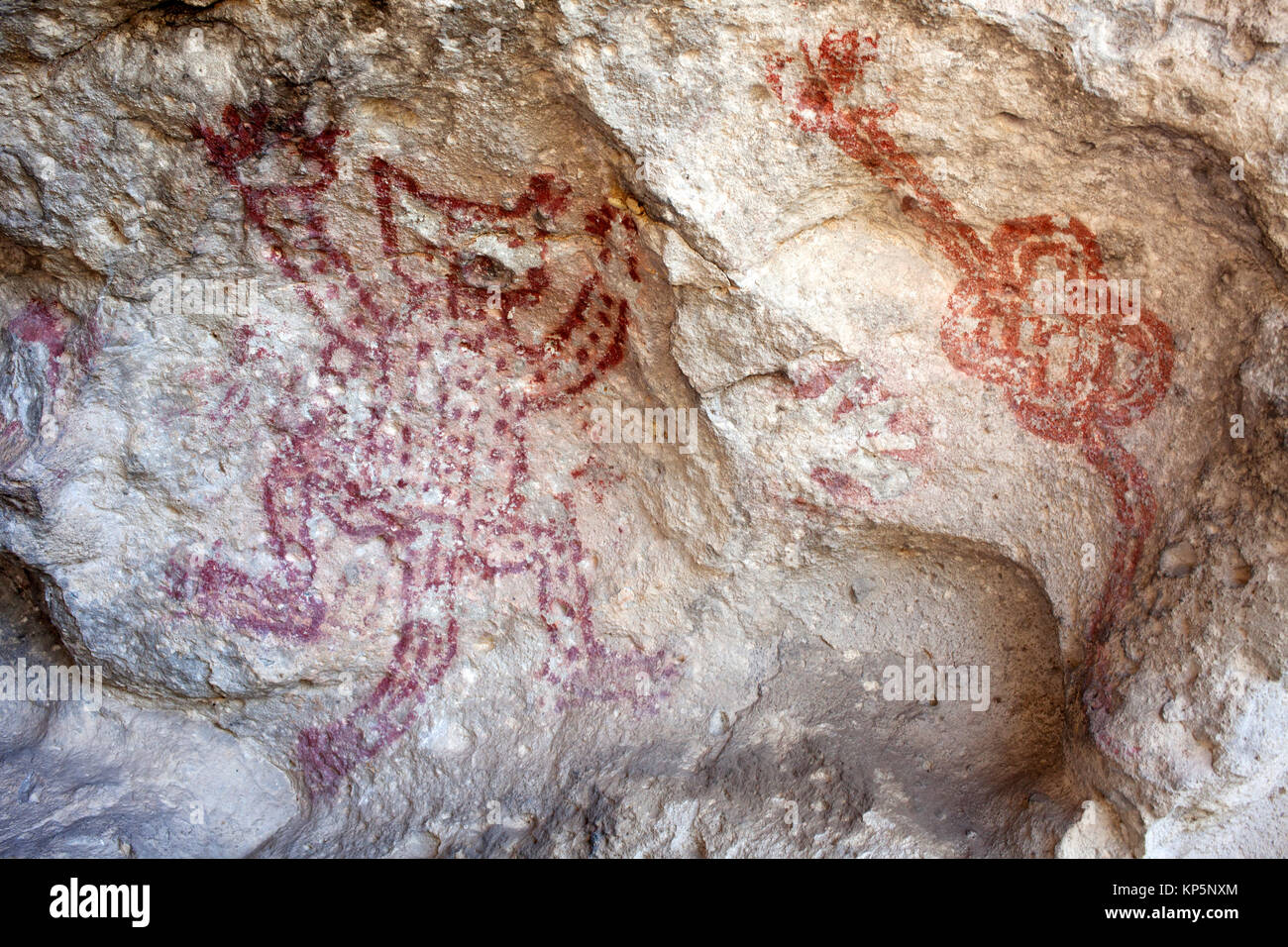 Une peinture préhistorique d'une jaguar et une Olmec-Mayan les machines à l'intérieur de l'Union dans la grotte de Zapata, Oaxaca, Mexique Banque D'Images