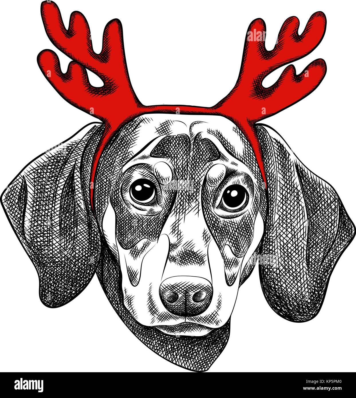 Vector illustration d'un teckel chien pour une carte de Noël. Teckel rouge avec cornes de renne Illustration de Vecteur