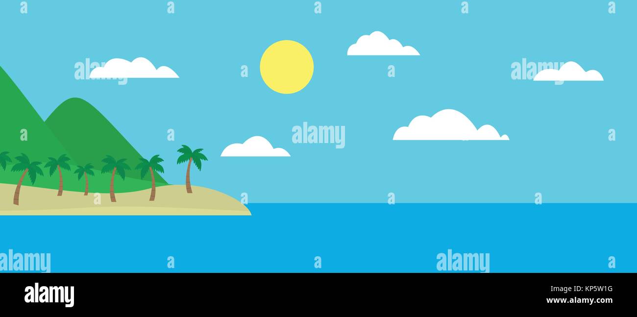 Caricature de vue colorée île tropicale, plage sous des collines, des montagnes et des palmiers au milieu de la mer bleue sous un ciel clair avec des nuages et soleil sur Illustration de Vecteur